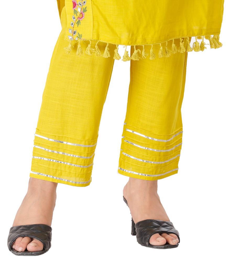 Jaipur Yellow Kurta with pant and Chiffon dupatta rayon slub set