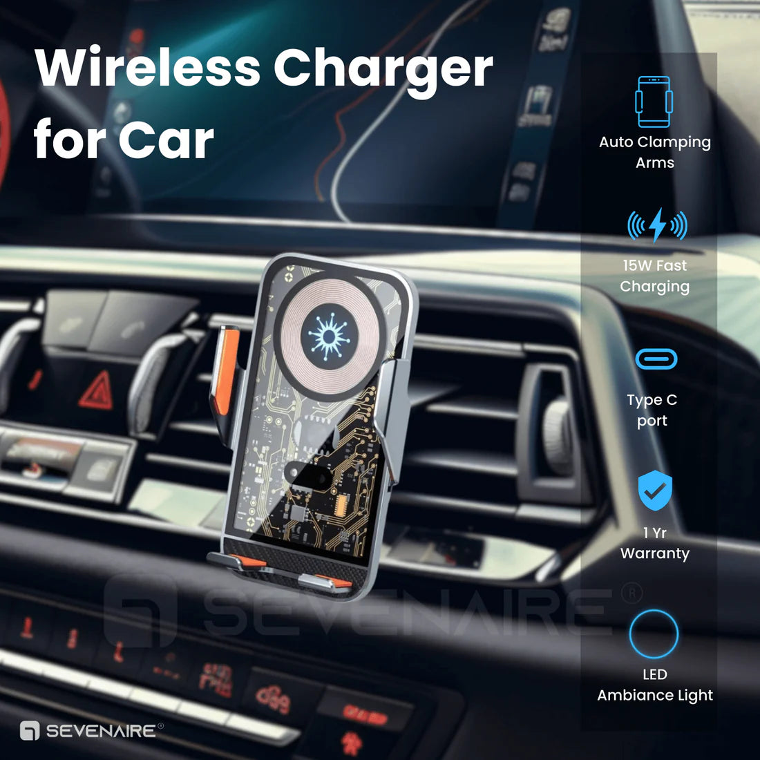 Eshopnix,Wireless charges, Wireless car charger with auto-clamping infrared sensors, 15W fast charging, USB-C port, and a secure AC vent mount. Compatible with iPhone, Samsung, Google Pixel, and other Qi-enabled phones. Works with most phone cases