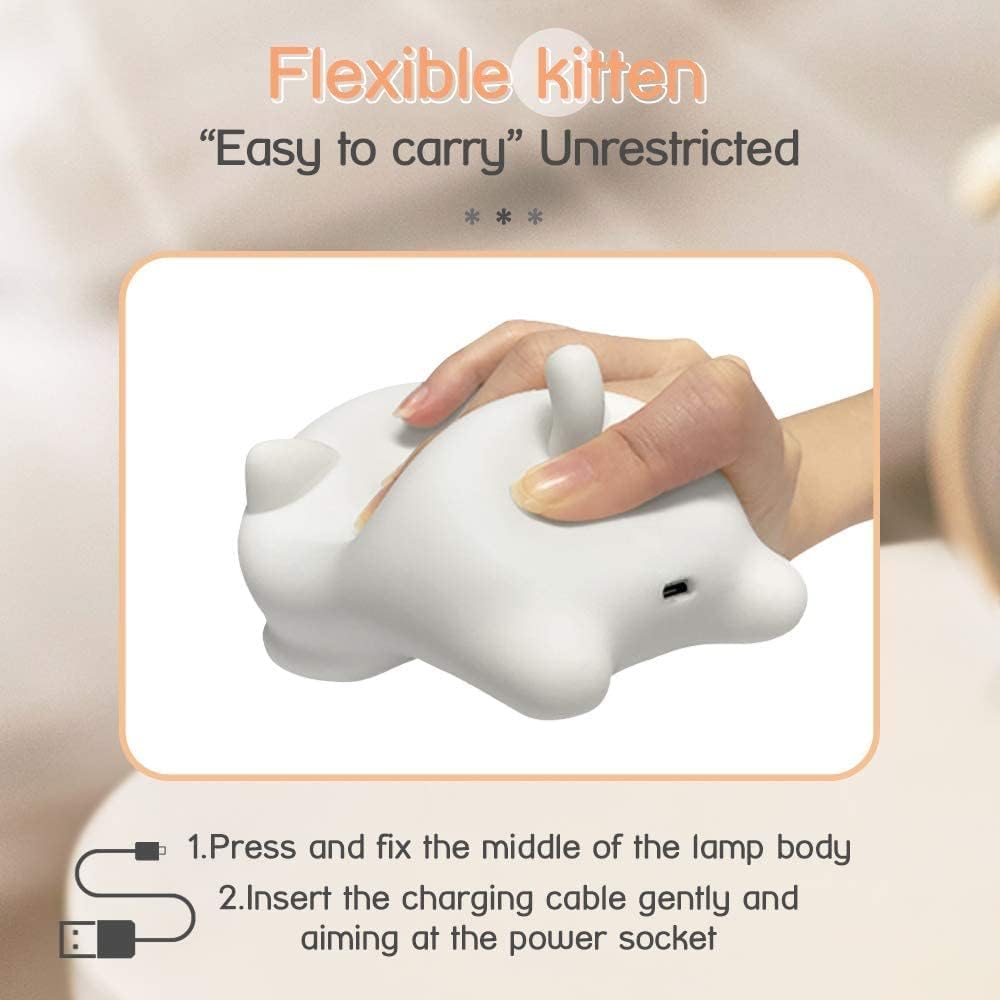 Eshopnix, Cat Lamp, Huggable silicone LED night light for kids, with remote control, USB rechargeable battery, and kawaii design for a cozy nursery or toddler room.