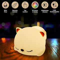 Eshopnix, Cat Lamp, Huggable silicone LED night light for kids, with remote control, USB rechargeable battery, and kawaii design for a cozy nursery or toddler room.