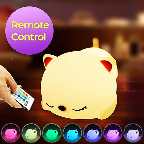 Eshopnix, Cat Lamp, Huggable silicone LED night light for kids, with remote control, USB rechargeable battery, and kawaii design for a cozy nursery or toddler room.