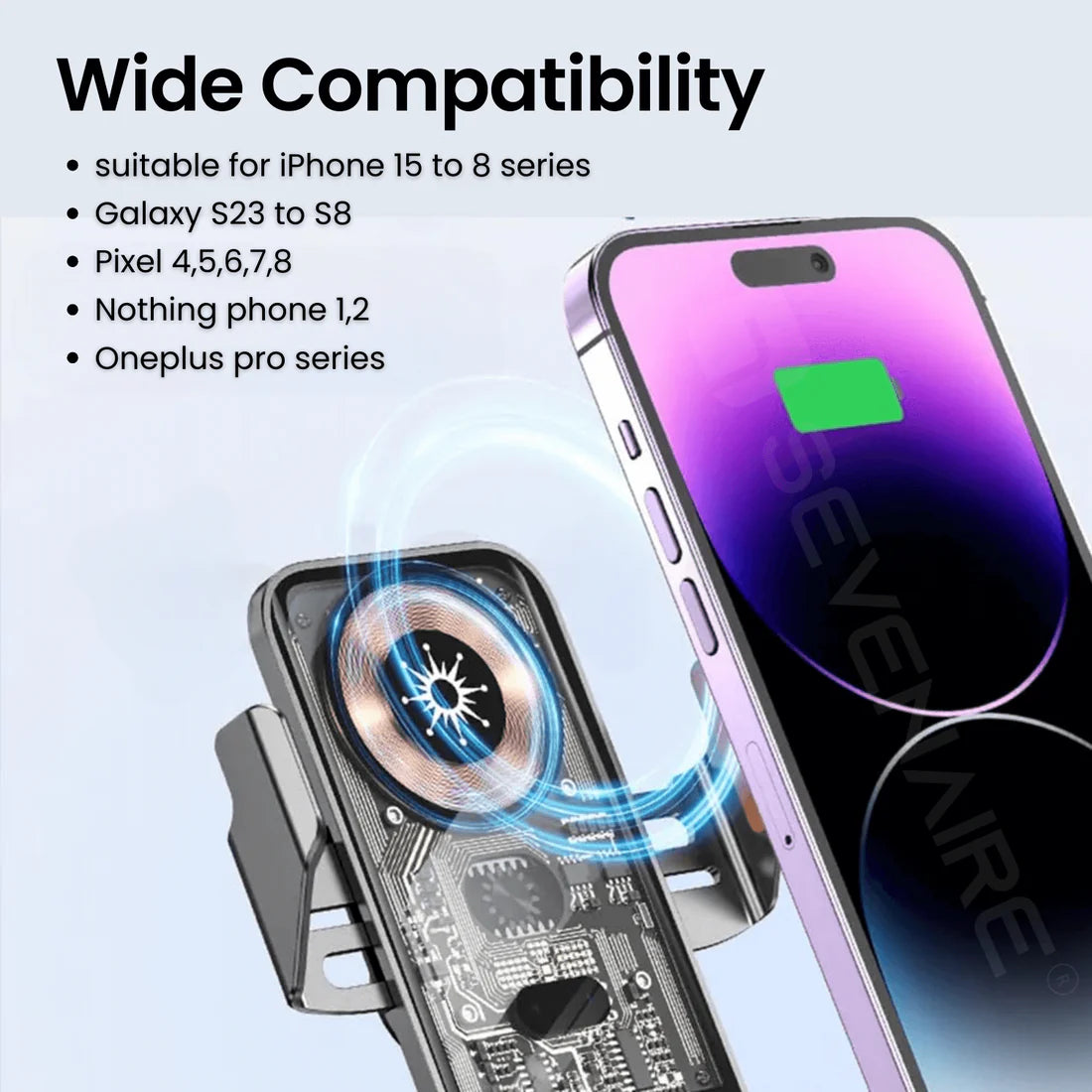 Eshopnix,Wireless charges, Wireless car charger with auto-clamping infrared sensors, 15W fast charging, USB-C port, and a secure AC vent mount. Compatible with iPhone, Samsung, Google Pixel, and other Qi-enabled phones. Works with most phone cases