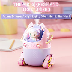 Eshopnix, Portable Humidifer, Adorable pastel pink and purple robot toy with a futuristic design, featuring wheels, a flip-open canopy, and a cute cat-shaped companion figure. Perfect for kids and collectors, this kawaii-inspired toy blends functionality with charm, set against a colorful, playful background