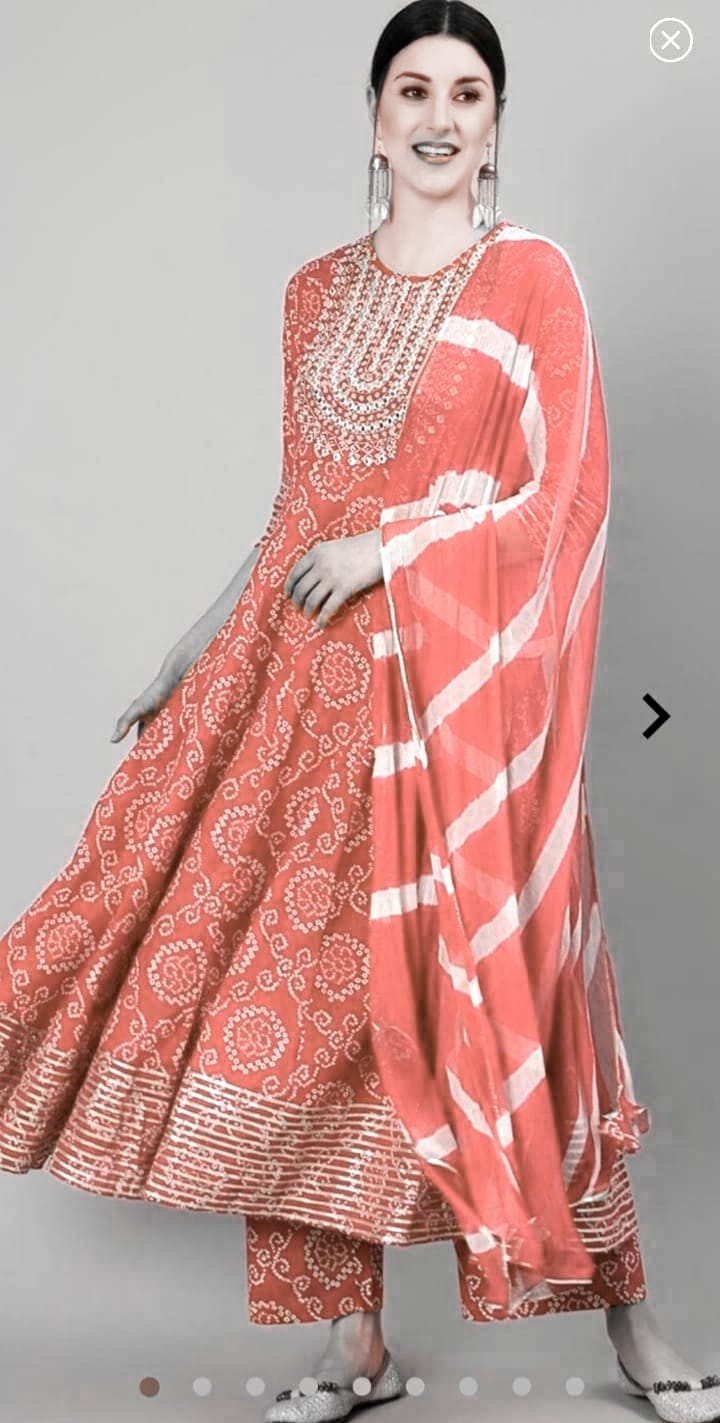 ESHOPNIX PREMIUM Rayon Fabric Bhandej Gown With Pant And Dupatta