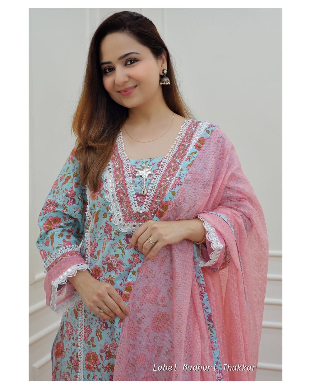 Premium Pakistani A-Line Cotton Kurti With Pant And Kota Doriya Dupatta