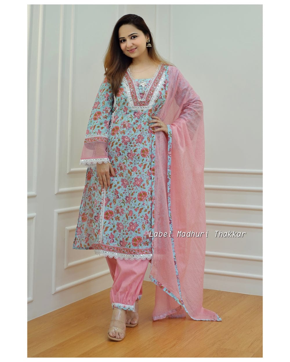 Premium Pakistani A-Line Cotton Kurti With Pant And Kota Doriya Dupatta