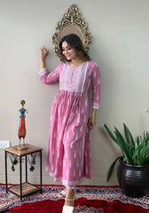 ESHOPNIX Floral Printed Anarkali Nyra Cut Kurta and Pant Set (Pink)