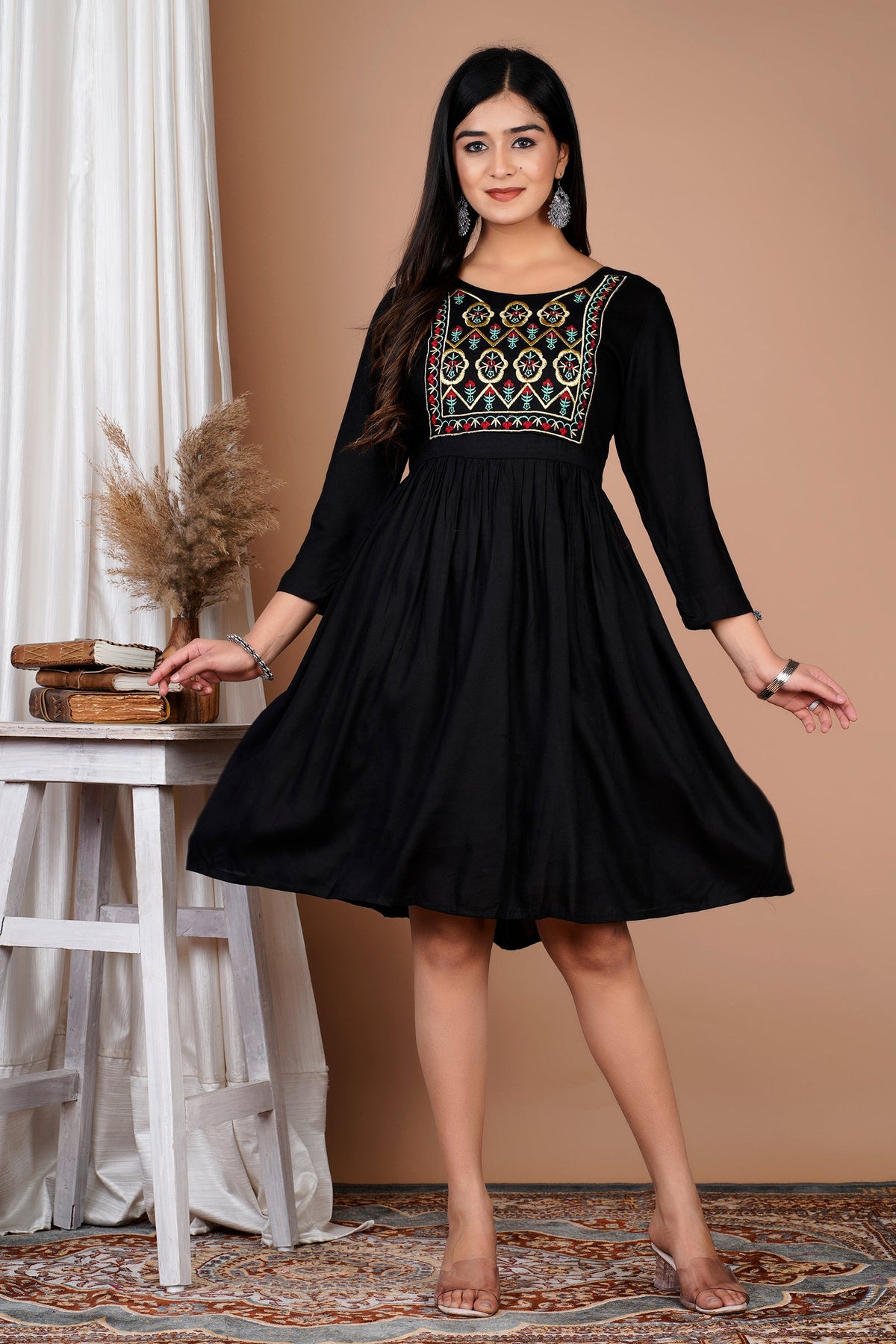 Embroidered Western Dress (Black)