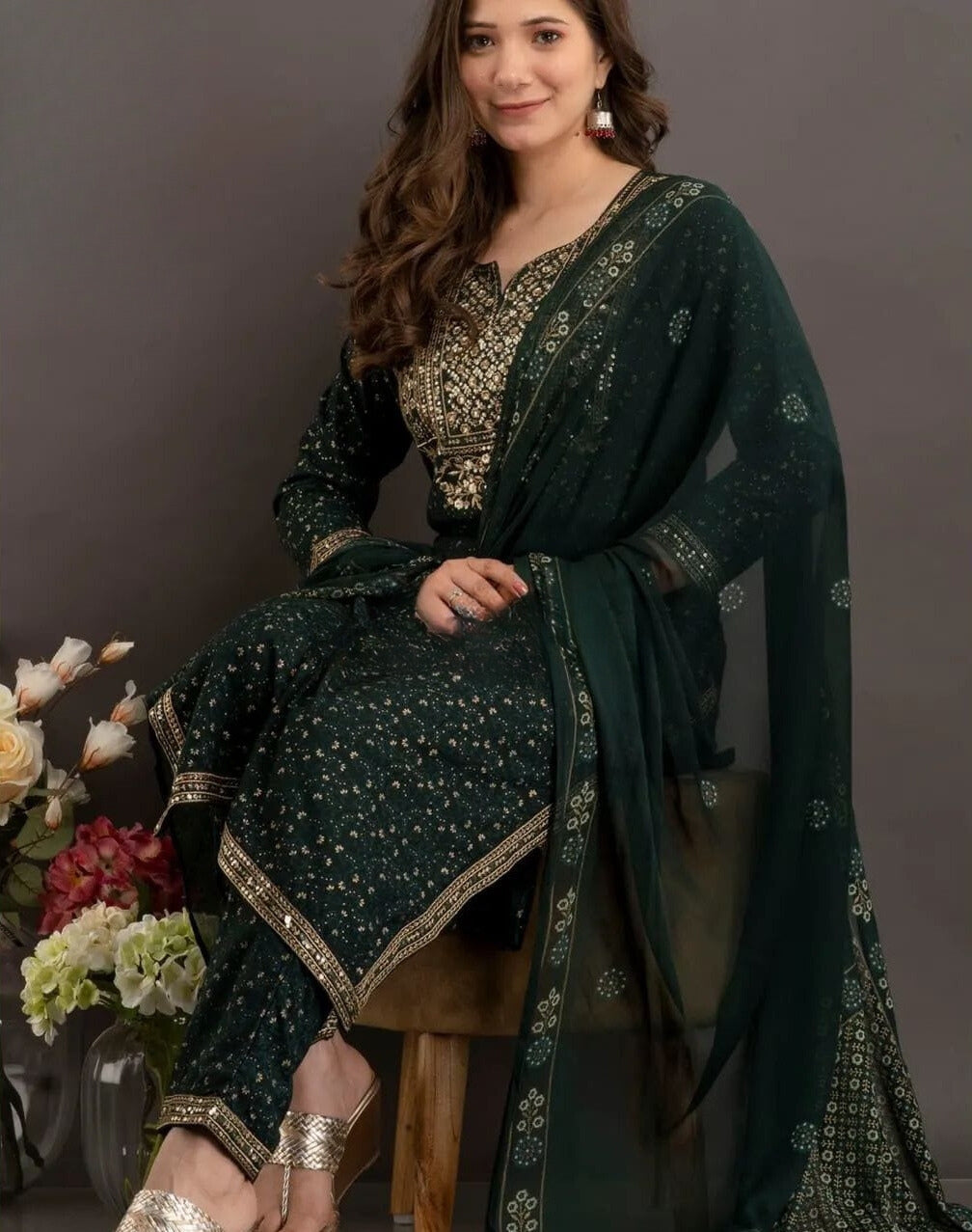 Sequence Embroidered Dark Green Kurta and Pant Set with Dupatta