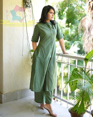 Green Katha Cotton Kurta and Palazzo Set