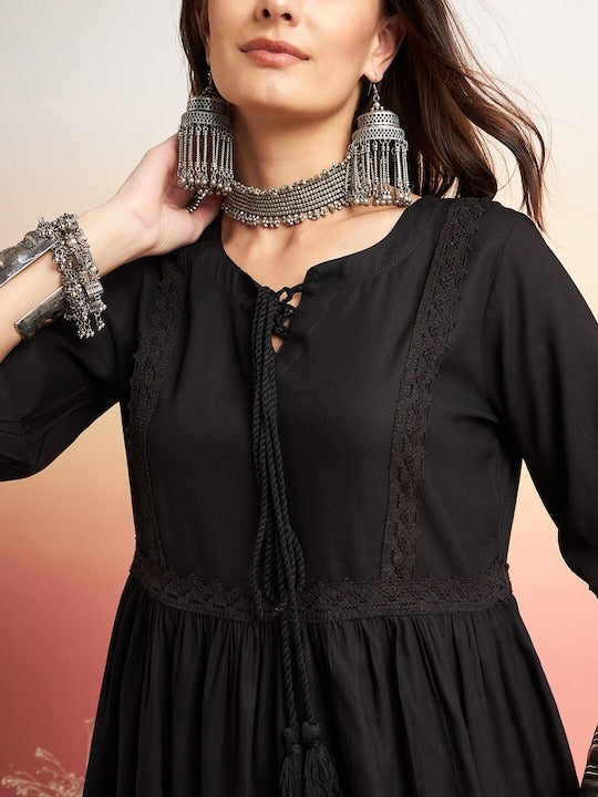 Black Embellished Lace Up Detail Top and Palazzo Co-Ord Set