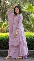 Bird Printed Pink Cotton Kurta and Pant Set with Dupatta