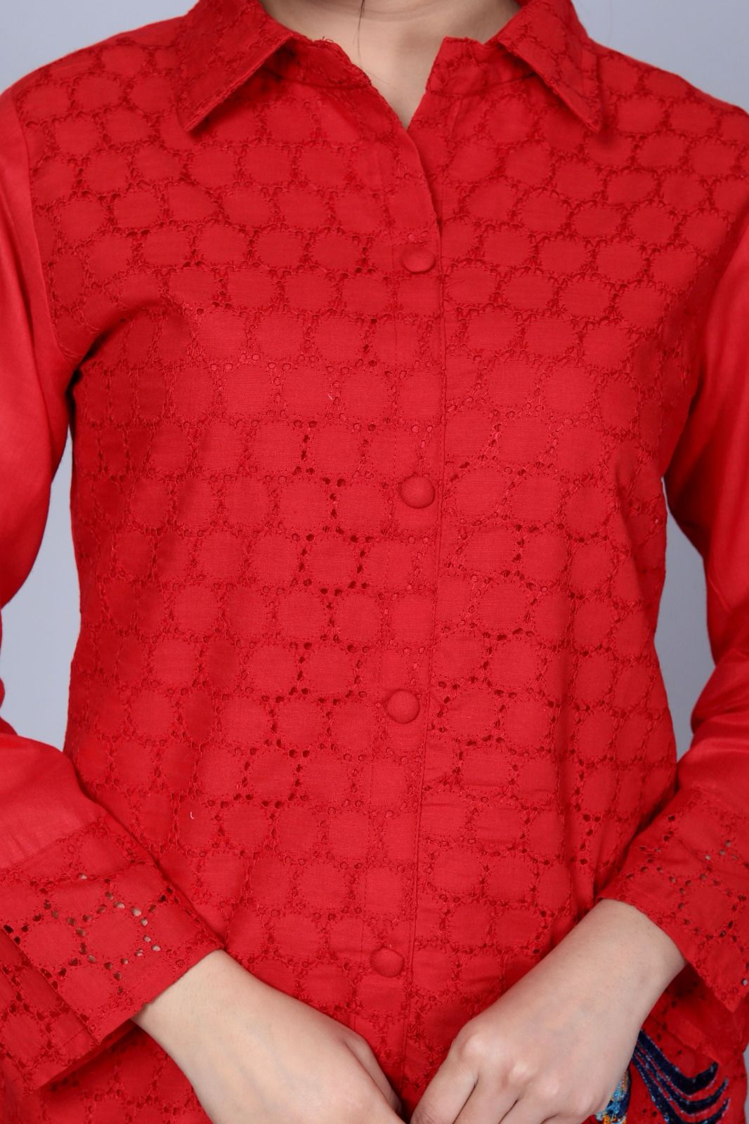 Red Sequence Embroidered Cotton Schiffli Co-Ord  Set