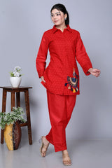 Red Sequence Embroidered Cotton Schiffli Co-Ord  Set