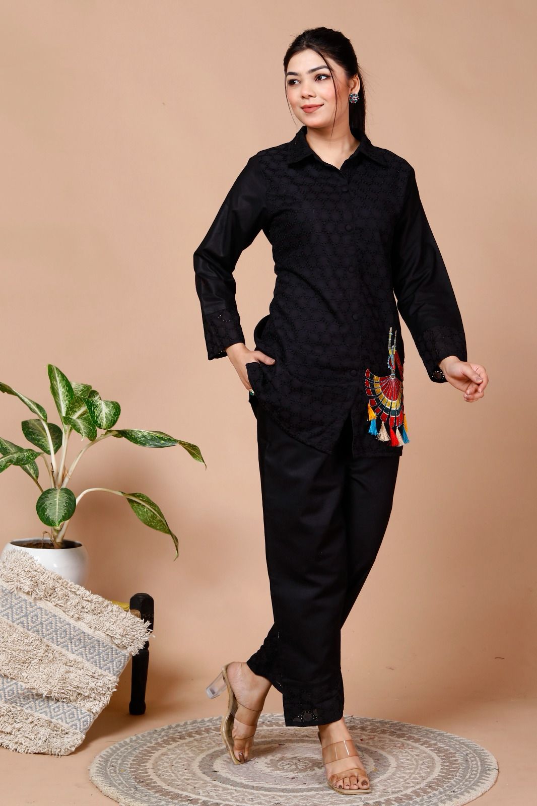 Black Sequence Embroidered Cotton Schiffli Co-Ord  Set