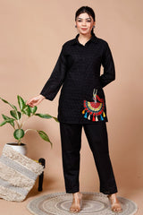 Black Sequence Embroidered Cotton Schiffli Co-Ord  Set